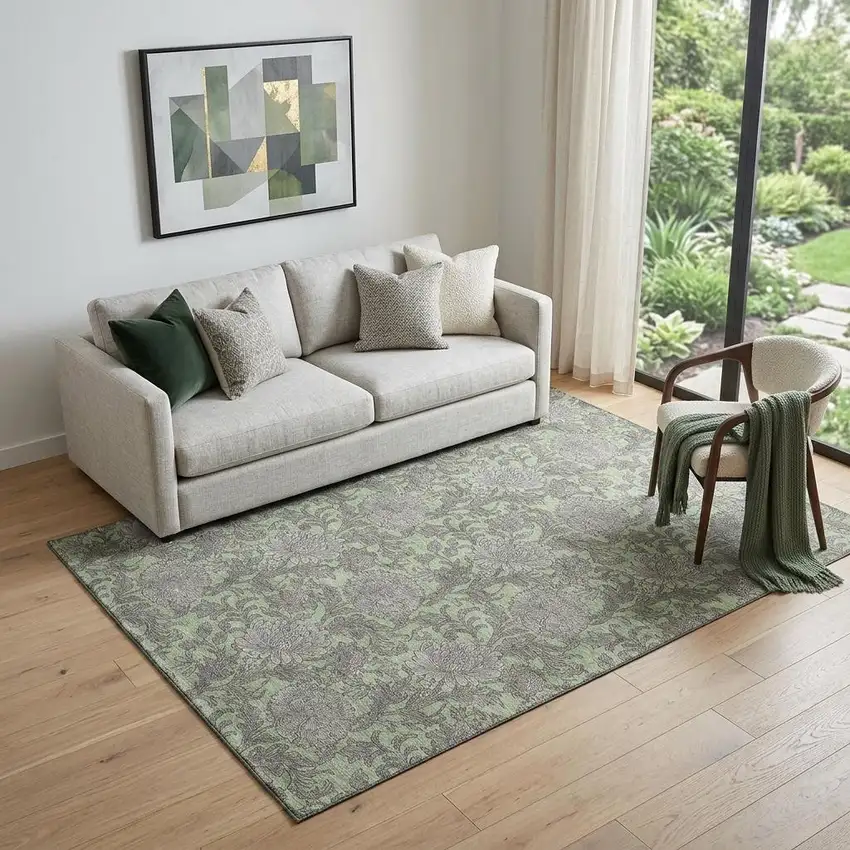 Artichoke Green And Gray Floral Washable Area Rug With UV Protection Photo 1
