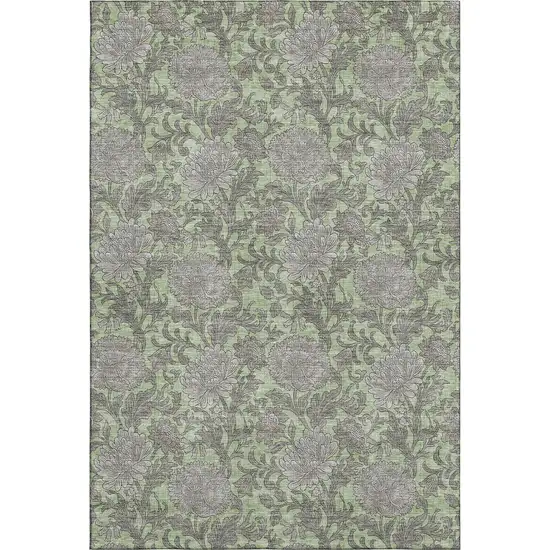 Artichoke Green And Gray Floral Washable Area Rug With UV Protection Photo 2
