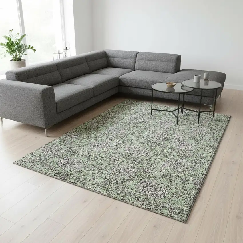 Artichoke Green And Gray Floral Washable Area Rug With UV Protection Photo 3