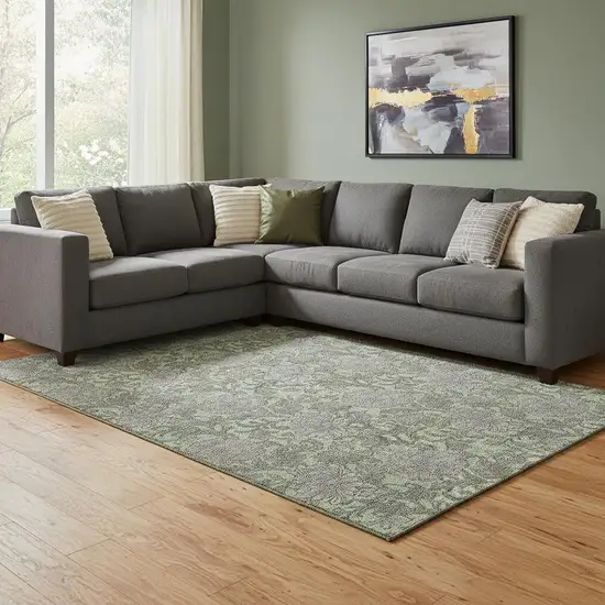 Artichoke Green And Gray Floral Washable Area Rug With UV Protection Photo 1