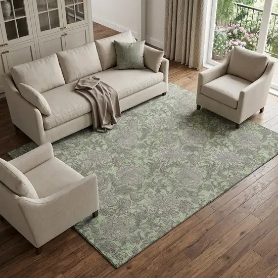 Artichoke Green And Gray Floral Washable Area Rug With UV Protection Photo 1