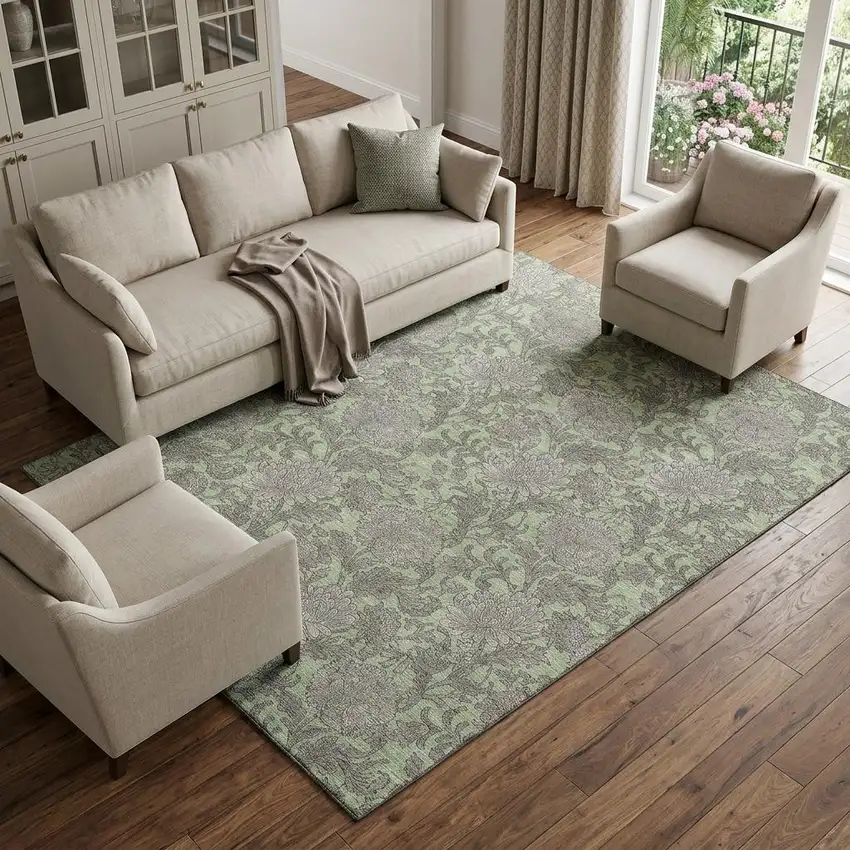 Artichoke Green And Gray Floral Washable Area Rug With UV Protection Photo 1