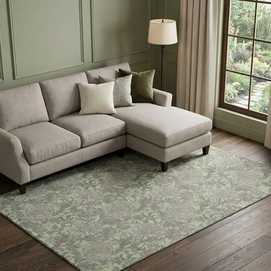 Artichoke Green And Gray Floral Washable Area Rug With UV Protection Photo 1