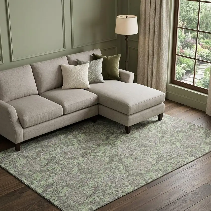 Artichoke Green And Gray Floral Washable Area Rug With UV Protection Photo 1