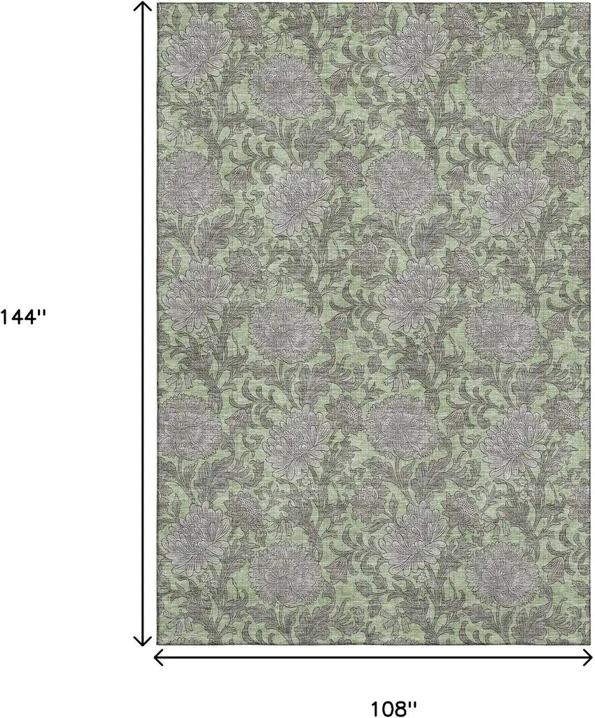 Artichoke Green And Gray Floral Washable Area Rug With UV Protection Photo 4
