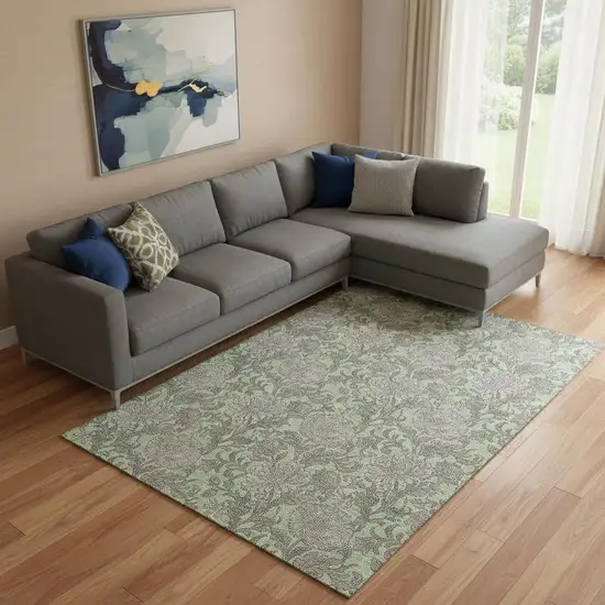 Artichoke Green And Gray Floral Washable Area Rug With UV Protection Photo 1