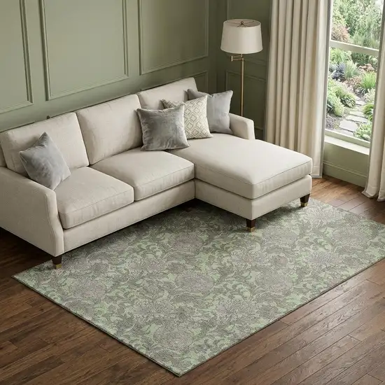 Artichoke Green And Gray Floral Washable Area Rug With UV Protection Photo 1