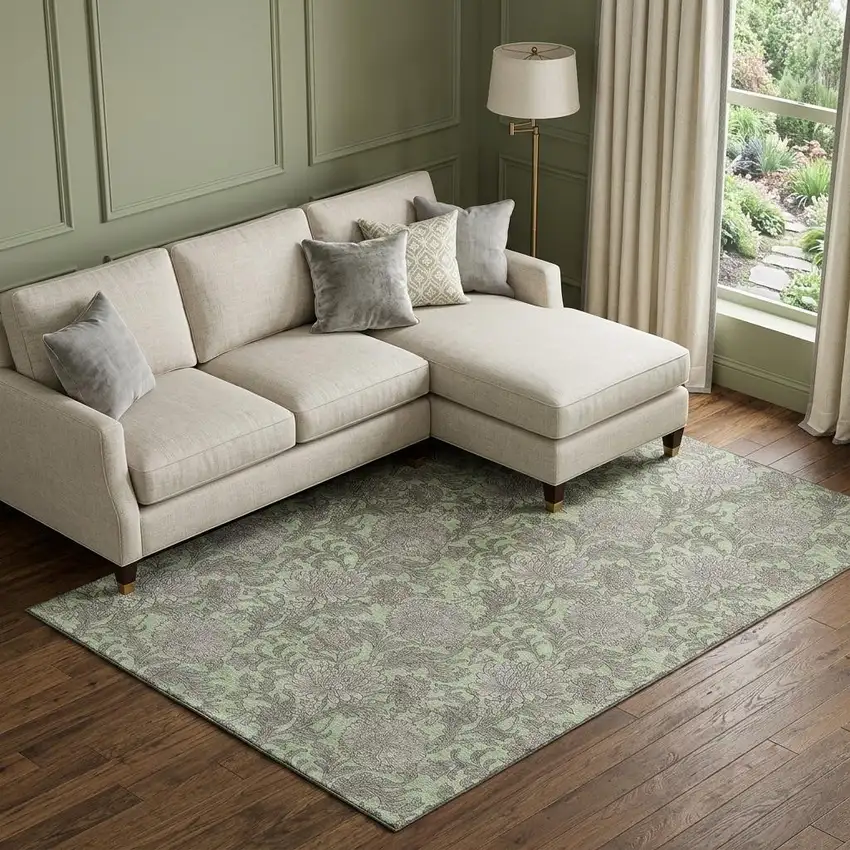 Artichoke Green And Gray Floral Washable Area Rug With UV Protection Photo 1