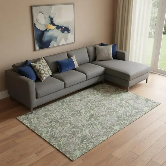 Artichoke Green And Gray Floral Washable Area Rug With UV Protection Photo 1