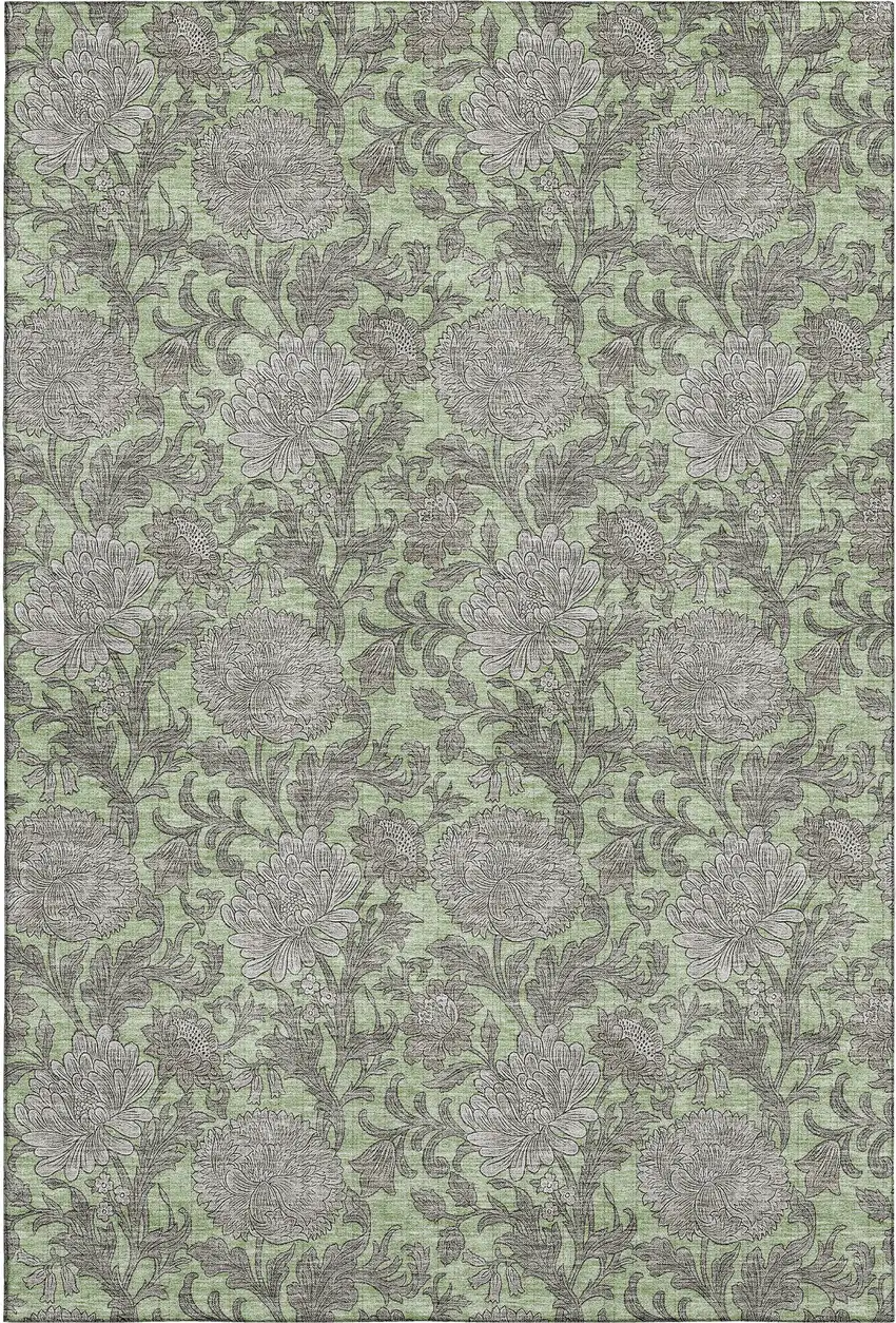 Artichoke Green And Gray Floral Washable Area Rug With UV Protection Photo 2