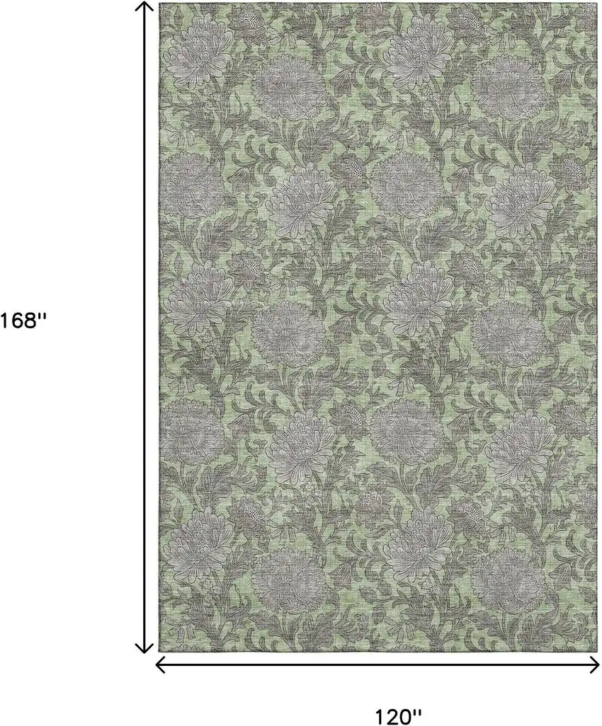 Artichoke Green And Gray Floral Washable Area Rug With UV Protection Photo 4