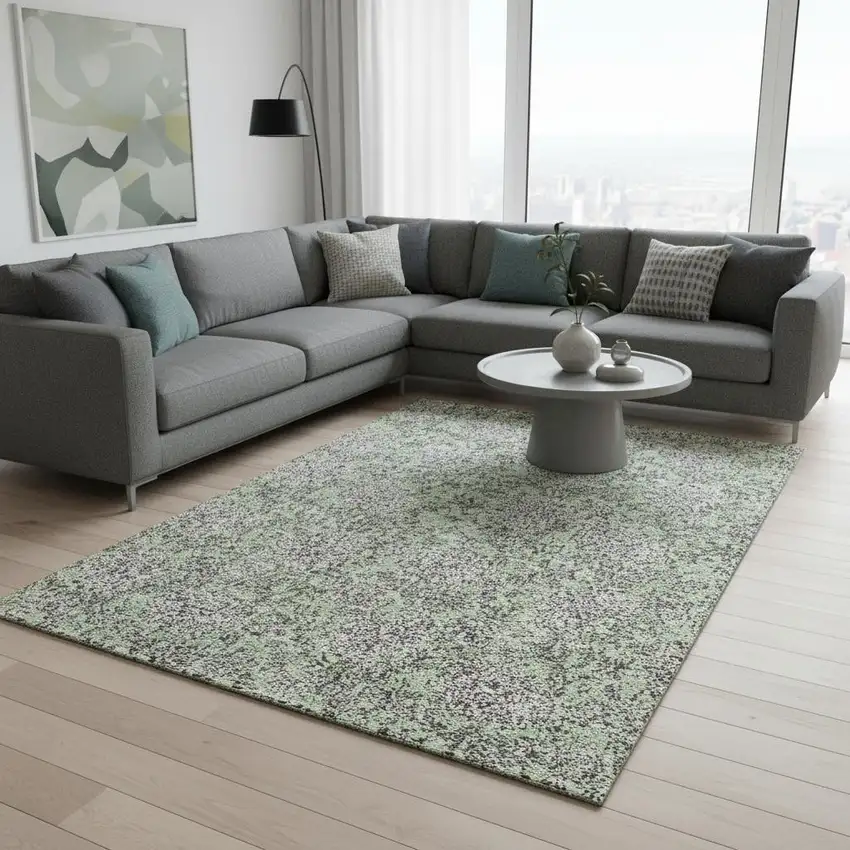 Artichoke Green And Gray Floral Washable Area Rug With UV Protection Photo 3