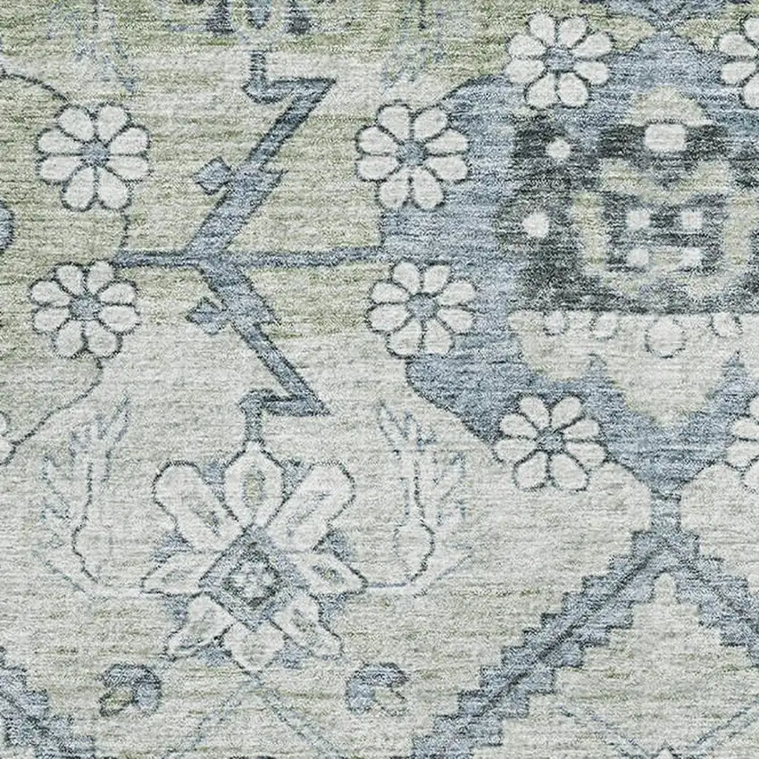 Artichoke Green And Gray Floral Washable Area Rug With UV Protection Photo 3