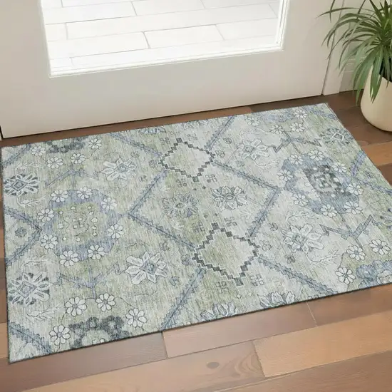 Artichoke Green And Gray Floral Washable Area Rug With UV Protection Photo 1