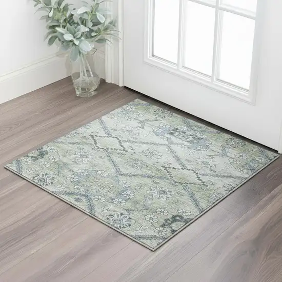 Artichoke Green And Gray Floral Washable Area Rug With UV Protection Photo 2