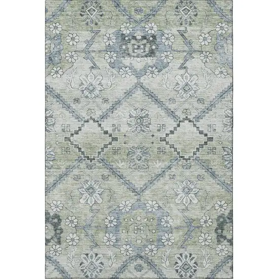 Artichoke Green And Gray Floral Washable Area Rug With UV Protection Photo 5