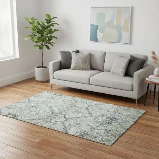 Artichoke Green And Gray Floral Washable Area Rug With UV Protection Photo 2