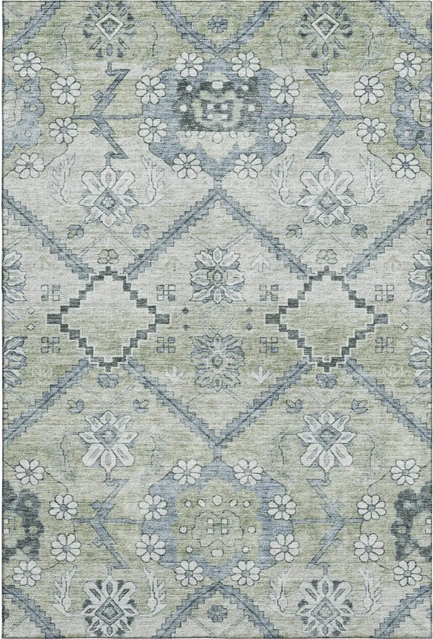 Artichoke Green And Gray Floral Washable Area Rug With UV Protection Photo 1
