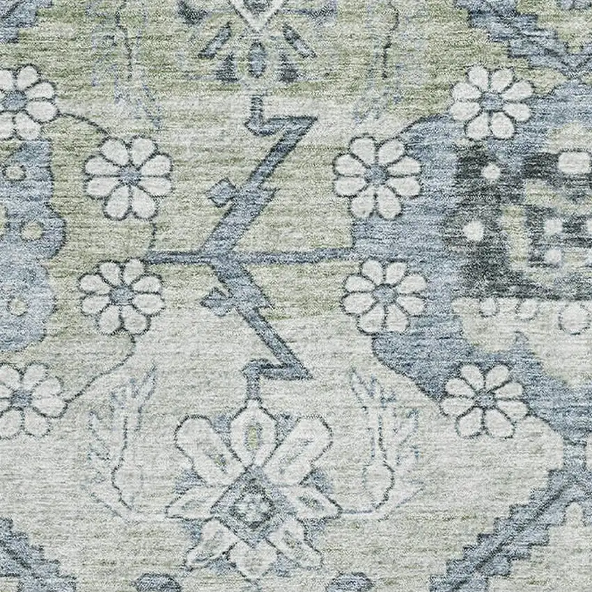 Artichoke Green And Gray Floral Washable Area Rug With UV Protection Photo 3