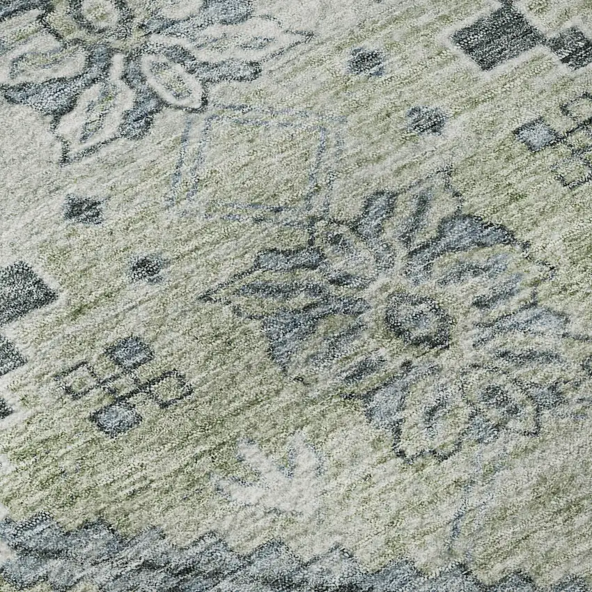 Artichoke Green And Gray Floral Washable Area Rug With UV Protection Photo 9