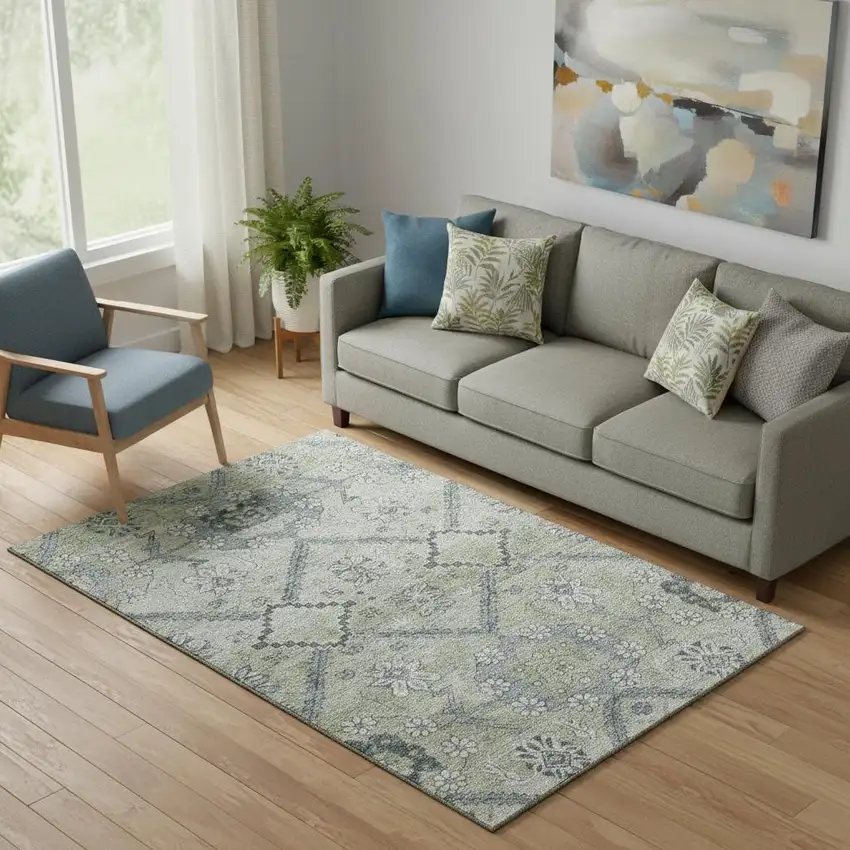 Artichoke Green And Gray Floral Washable Area Rug With UV Protection Photo 1