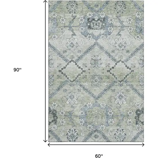 Artichoke Green And Gray Floral Washable Area Rug With UV Protection Photo 3