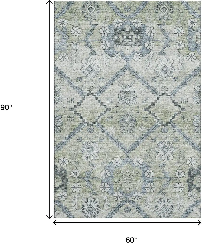 Artichoke Green And Gray Floral Washable Area Rug With UV Protection Photo 3