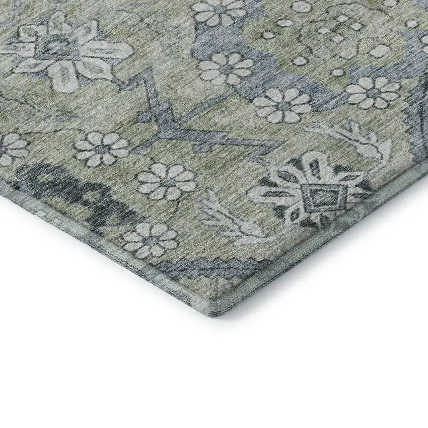 Artichoke Green And Gray Floral Washable Area Rug With UV Protection Photo 8