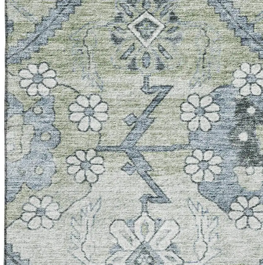Artichoke Green And Gray Floral Washable Area Rug With UV Protection Photo 3