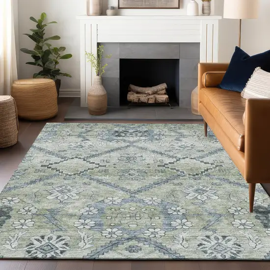 Artichoke Green And Gray Floral Washable Area Rug With UV Protection Photo 6