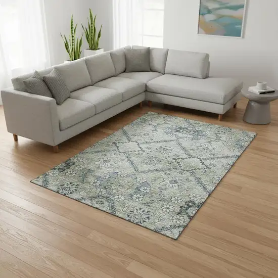 Artichoke Green And Gray Floral Washable Area Rug With UV Protection Photo 2