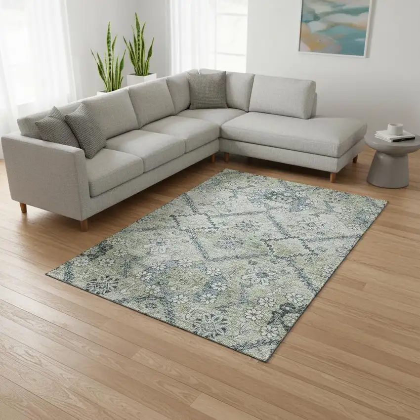 Artichoke Green And Gray Floral Washable Area Rug With UV Protection Photo 2
