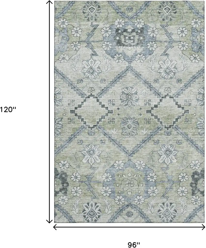 Artichoke Green And Gray Floral Washable Area Rug With UV Protection Photo 3