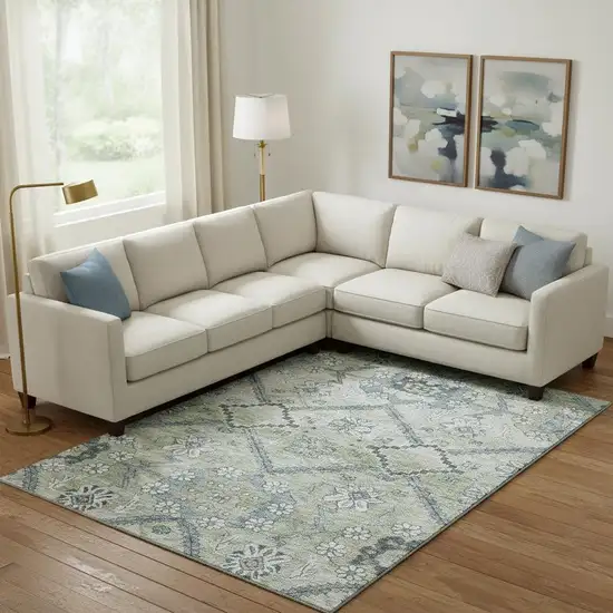 Artichoke Green And Gray Floral Washable Area Rug With UV Protection Photo 1