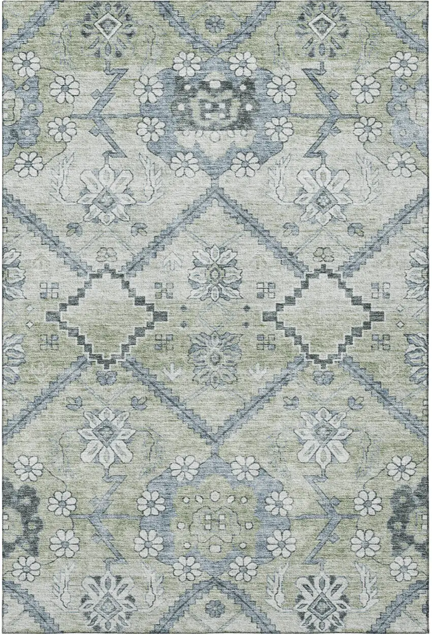 Artichoke Green And Gray Floral Washable Area Rug With UV Protection Photo 4
