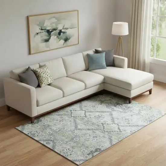 Artichoke Green And Gray Floral Washable Area Rug With UV Protection Photo 1