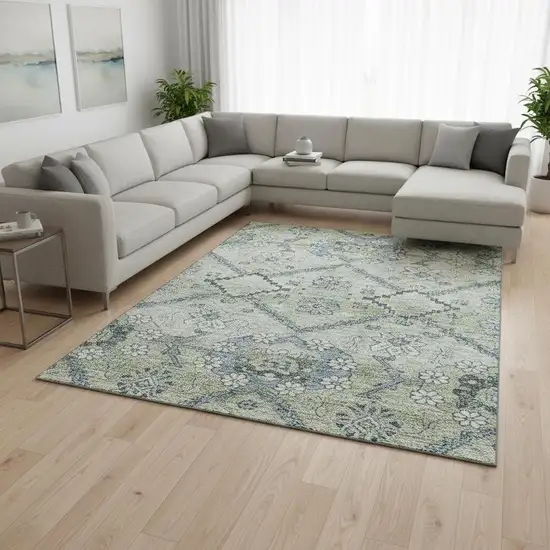 Artichoke Green And Gray Floral Washable Area Rug With UV Protection Photo 2