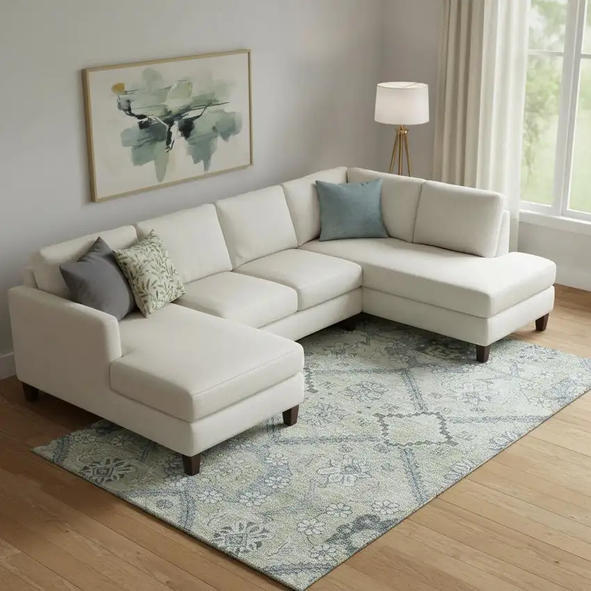 Artichoke Green And Gray Floral Washable Area Rug With UV Protection Photo 1