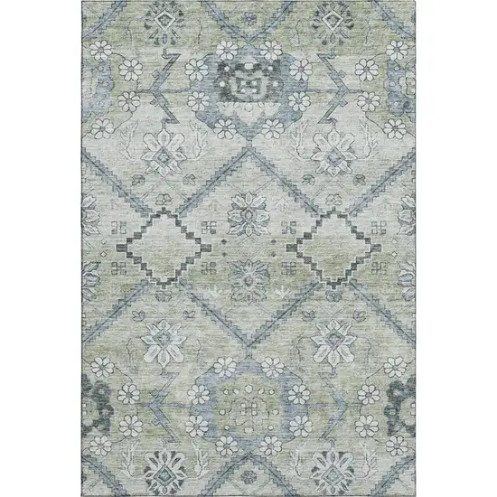 Artichoke Green And Gray Floral Washable Area Rug With UV Protection Photo 1
