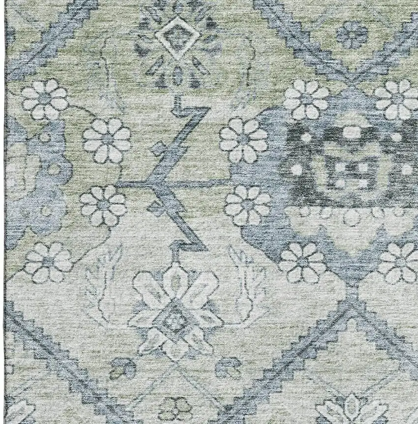 Artichoke Green And Gray Floral Washable Area Rug With UV Protection Photo 4