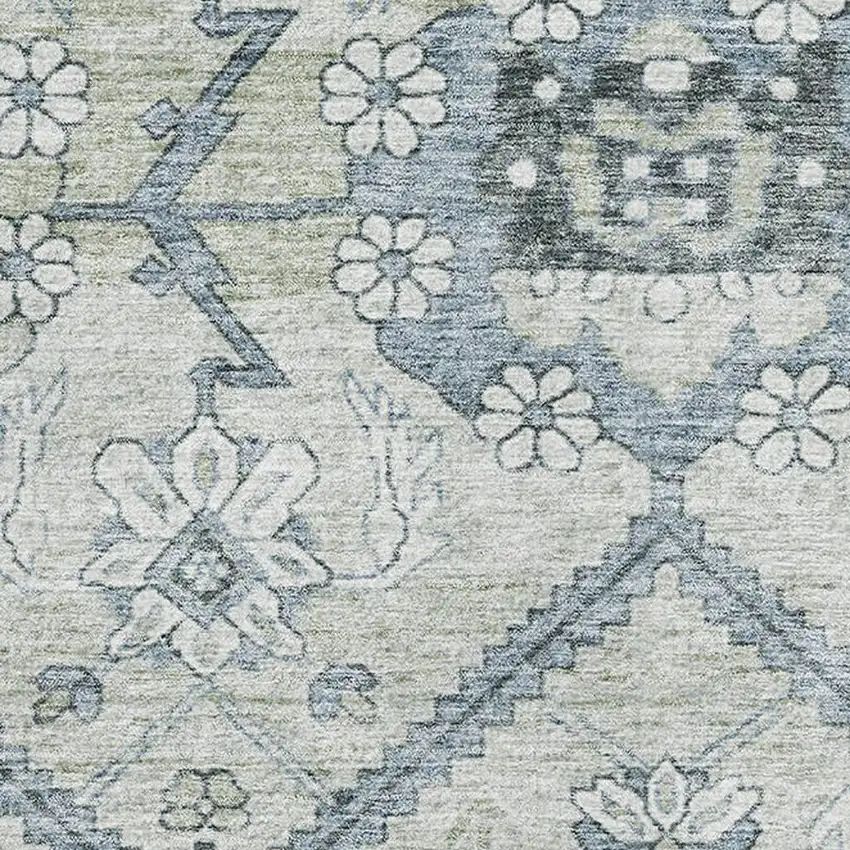 Artichoke Green And Gray Floral Washable Area Rug With UV Protection Photo 3