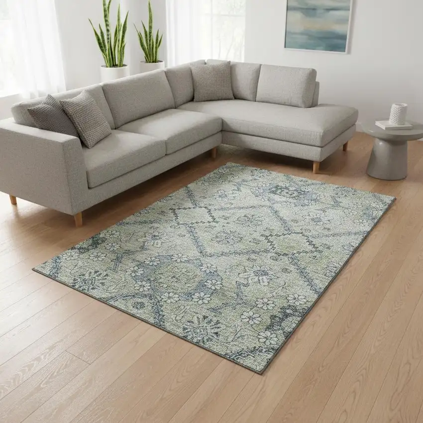 Artichoke Green And Gray Floral Washable Area Rug With UV Protection Photo 2