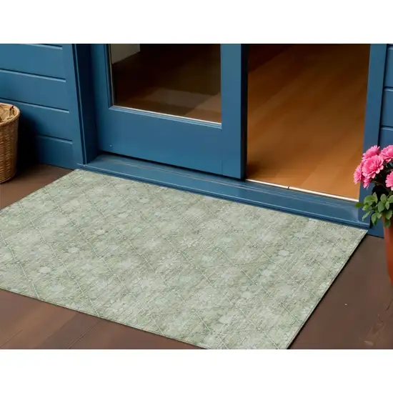 Artichoke Green And Gray Floral Washable Indoor Outdoor Area Rug Photo 2