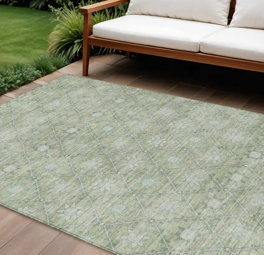 Artichoke Green And Gray Floral Washable Indoor Outdoor Area Rug Photo 2