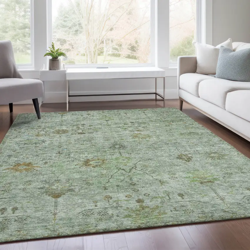 Artichoke Green And Gray Floral Washable Indoor Outdoor Area Rug Photo 7