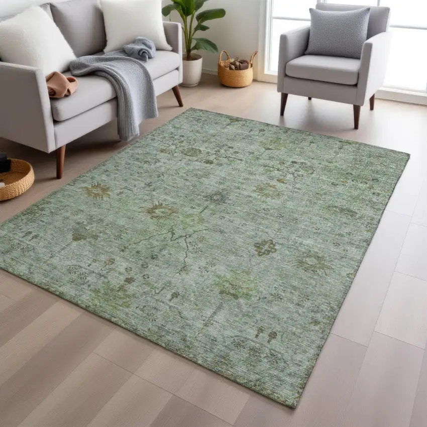 Artichoke Green And Gray Floral Washable Indoor Outdoor Area Rug Photo 6