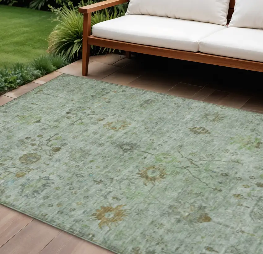 Artichoke Green And Gray Floral Washable Indoor Outdoor Area Rug Photo 2
