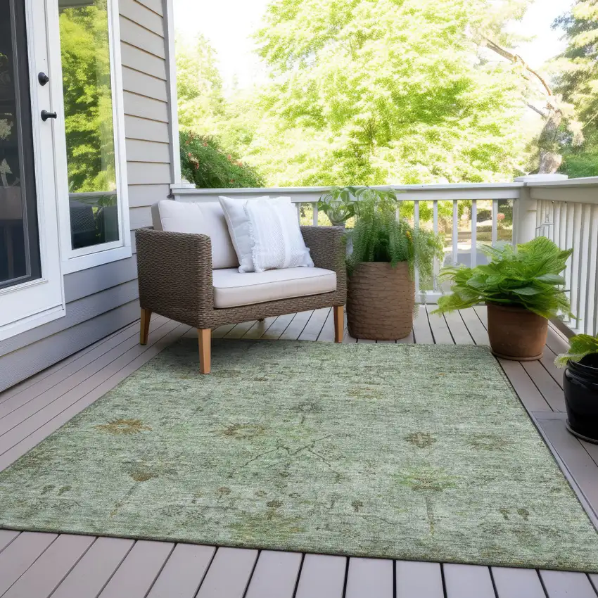 Artichoke Green And Gray Floral Washable Indoor Outdoor Area Rug Photo 8