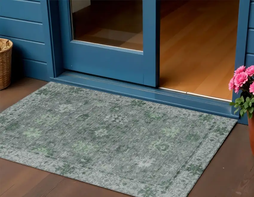 Artichoke Green And Gray Floral Washable Indoor Outdoor Area Rug Photo 2