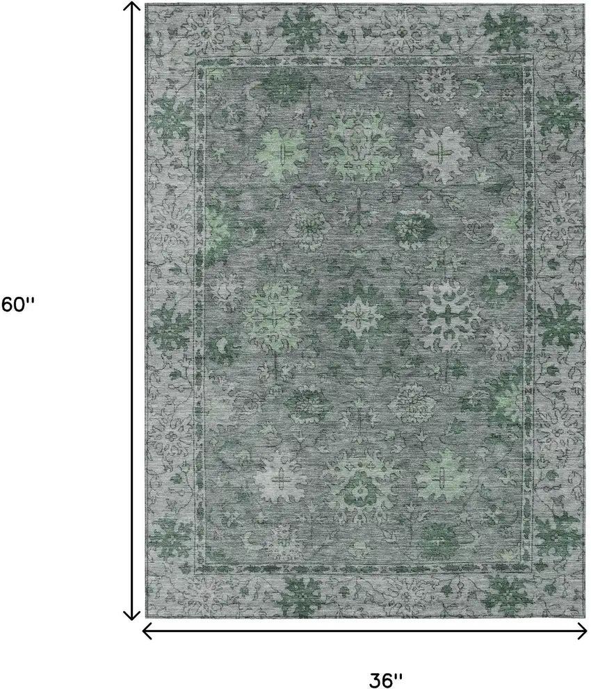 Artichoke Green And Gray Floral Washable Indoor Outdoor Area Rug Photo 8